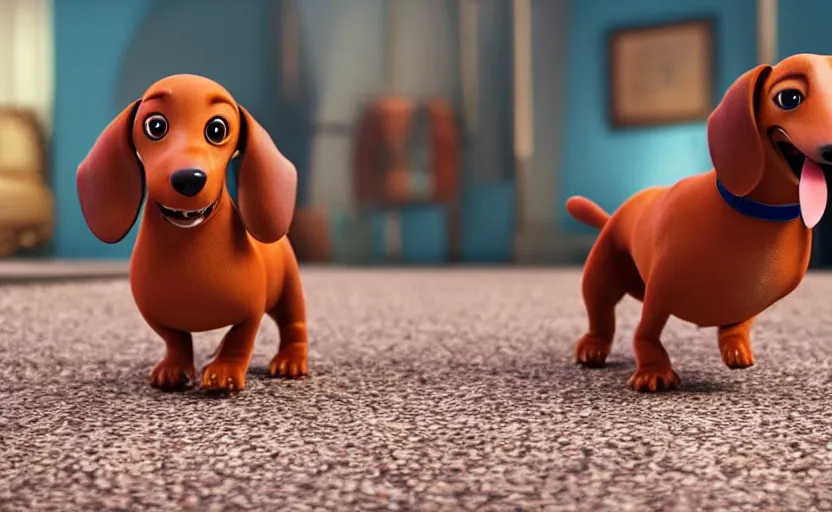 Prompt: happy dachshund catching a ball, detailed fur, soft, suit, suitcase, business outfit, cgi, 3 d animation, pixar