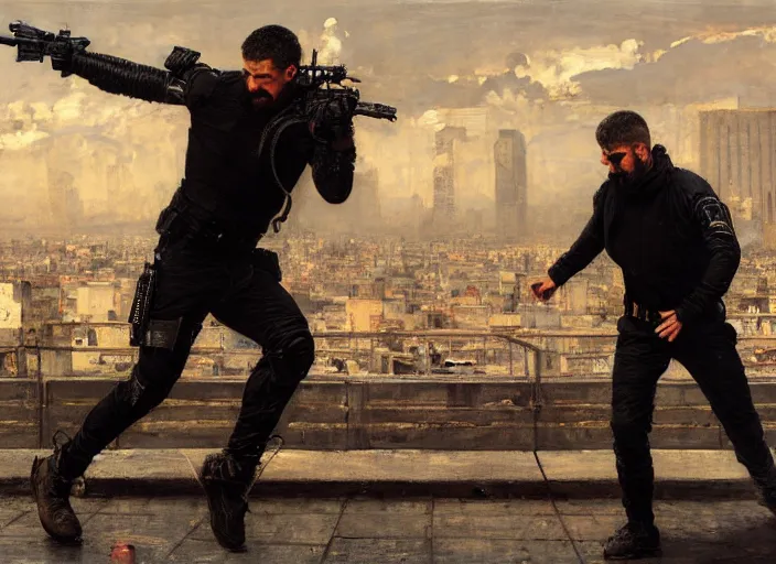 Prompt: Greg evades sgt Nash. Cyberpunk hacker escaping menacing police troopers (blade runner 2049). bearded face. rooftop free running. Iranian orientalist portrait by john william waterhouse and Edwin Longsden Long and Theodore Ralli and Nasreddine Dinet, oil on canvas. Cinematic, hyper realism, realistic proportions, dramatic lighting, high detail 4k