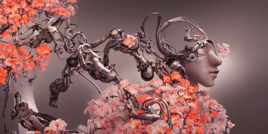 Prompt: hyperrealistic photography of a slender cyborg crafting a machine that breeds orange and pink flowers in the style of Jin Kagetsu, James Jean and wlop, highly detailed, masterpiece, award-winning, sharp focus, intricate concept art, ambient lighting, 8k, artstation