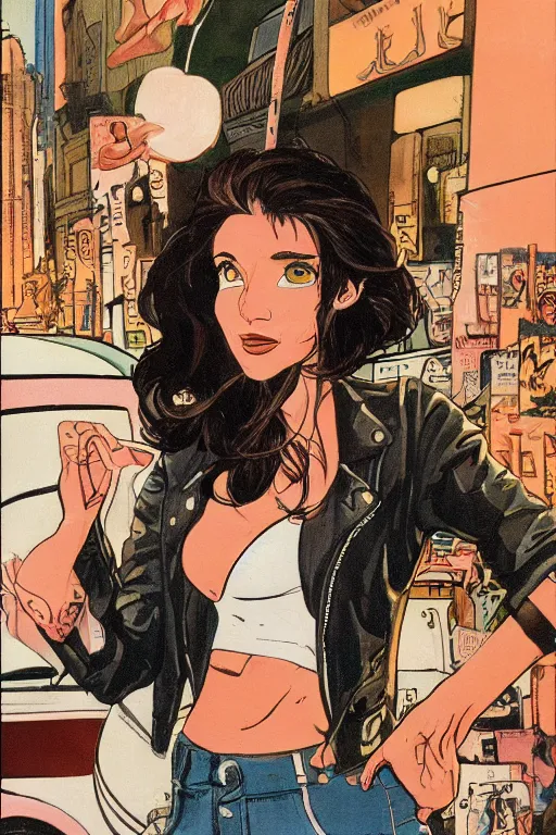 Image similar to portrait of an attractive young female protagonist, center focus, wearing leather jacket, in city street, detailed face, artwork by ralph bakshi