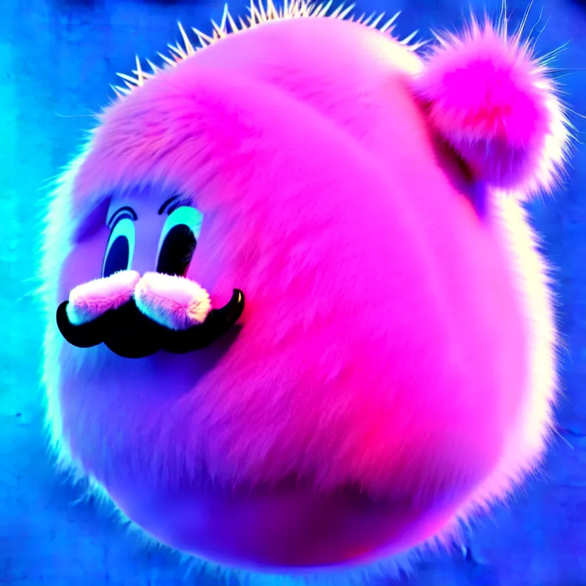 Image similar to high quality 3 d render hyperrealistic very cute big spherical creature, mustache, plush mascot, short spiky dense fluffy smooth hair, isometric 3 d, psychedelic lighting pink fluffy fur 1 cm long, 1 5 0 mm, smooth background, artstation, ultra detailed, elegant, ultra detailed, octane render