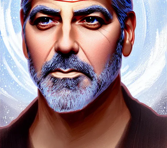 Image similar to portrait of george clooney, fire in eye, snow glow, pool party, highly detailed, digital painting, artstation, sharp focus, illustration, art by tan zi and ayanamikodon and alphonse mucha and wlop