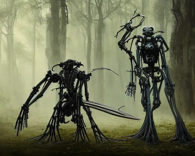 Image similar to photo of general grievous with heavy duty biomechanical hydraulic cybernetic body and 4 arms holding active lightsabers in the forest. cyberpunk horror style. highly detailed 8 k. intricate. nikon d 8 5 0 5 5 mm. award winning photography. art by hr giger and zdzislaw beksinski in the style of hzd