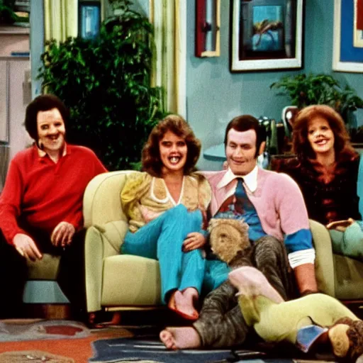 Image similar to vintage 1 9 8 0's sitcom, a happy photogenic family and a large giant evil wet slimy detailed monstrous creature inside a 1 9 8 0's sitcom living room