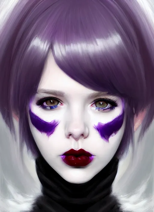 Image similar to portrait of white teenage girl, normal face, white bangs, mall goth, cyberlox, black and white hair, bangs, fluffy bangs, red contact lenses, purple lipstick, intricate, elegant, highly detailed, digital painting, artstation, concept art, sharp focus, smooth, illustration, art by wlop, mars ravelo and greg rutkowski