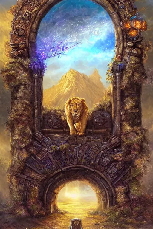 Image similar to A giant medieval fantasy energy portal gate with a rusty gold carved lion face with blue glowing eyes at the center of the gate, the portal takes you to another world, full of colorful flowers on the lost Vibes and mountains in the background, spring, delicate fog, sea breeze rises in the air, by andreas rocha and john howe, and Martin Johnson Heade, featured on artstation, featured on behance, golden ratio, ultrawide angle, f32, well composed, rule of thirds, center spotlight, low angle view