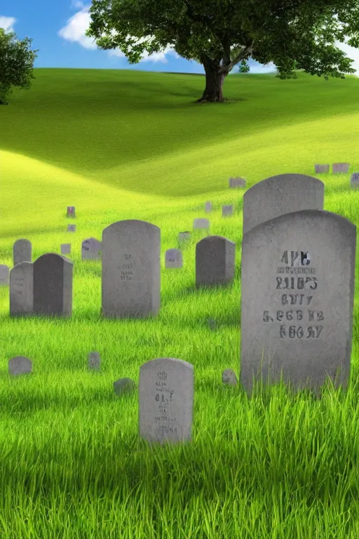 Image similar to realistic detailed, 4 k windows xp bliss hills screensaver with a graveyard, with many gravestones