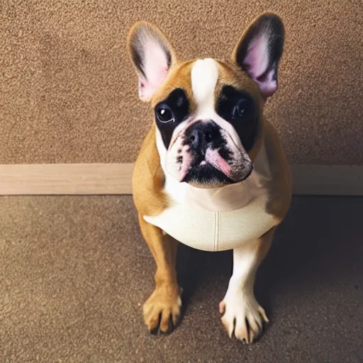 Image similar to photo of a sad white and brown french bulldog with a cone around his head