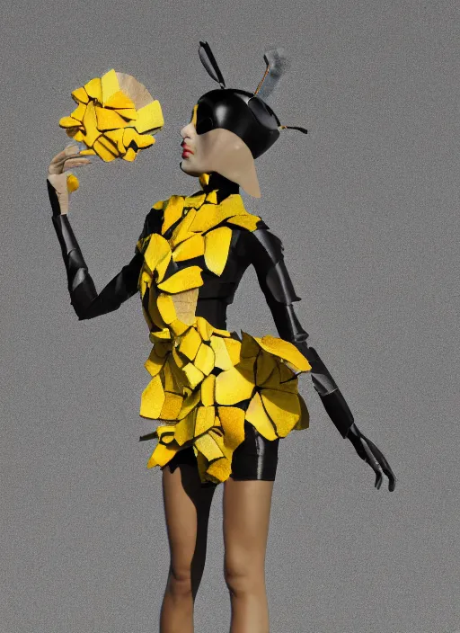 Image similar to an anthromorphic beautiful bee woman wearing striped couture made out of wax and paper and flower petals, at a fashion shoot, by issey miyake, trending on Art Station, 3D, octane render,