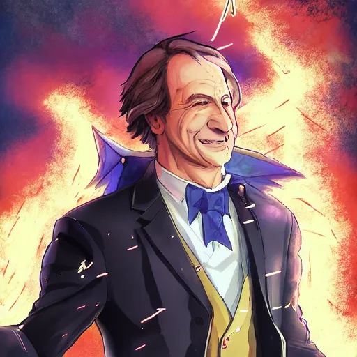 Image similar to portrait of saul goodman wielding the element of storm magecraft, wind, anime fantasy illustration by tomoyuki yamasaki, kyoto studio, madhouse, ufotable, trending on artstation