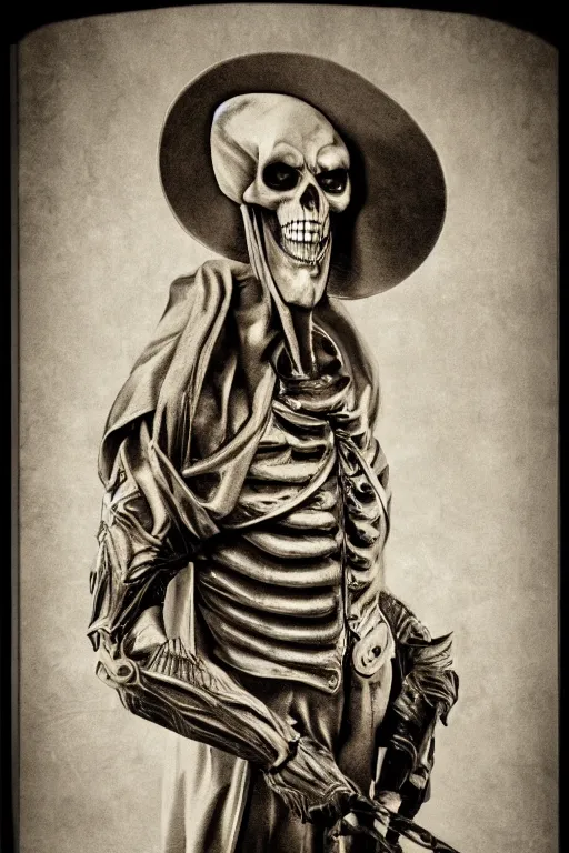 Prompt: skeletor, portrait, full body, symmetrical features, silver iodide, 1 8 8 0 photograph, sepia tone, aged paper, sergio leone, master prime lenses, cinematic