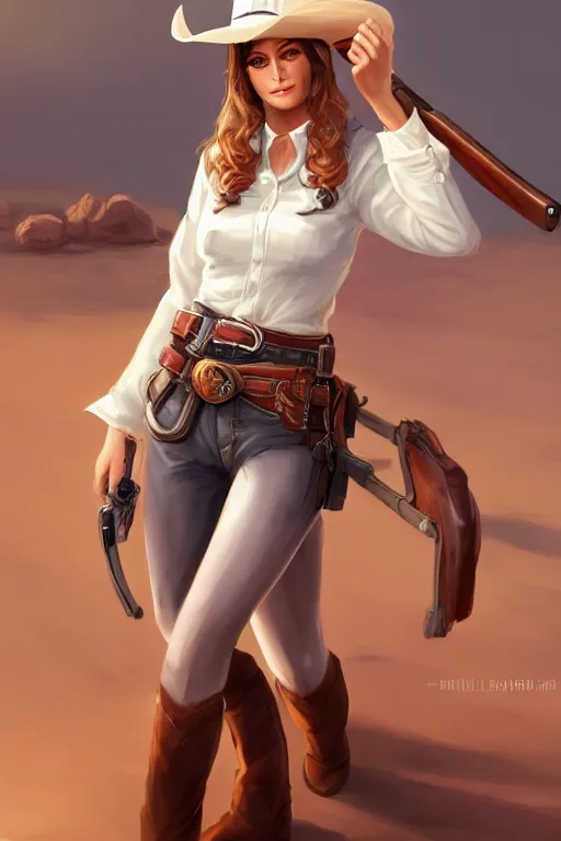 Image similar to full body, female cowgirl, perfect face, white blouse, long rifle, 8 k, magic the gathering, desert, d & d, artstation