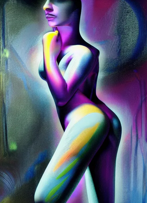 Image similar to futuristic lasers tracing, colorsmoke, fullbodysuit, pyramid hoodvisor, raindrops, wet, oiled, beautiful cyborg girl, by steven meisel, kaws, rolf armstrong, mondrian, hannah af klint perfect geometry abstract acrylic, octane hyperrealism photorealistic airbrush collage painting, monochrome, neon fluorescent colors, minimalist rule of thirds, eighties eros