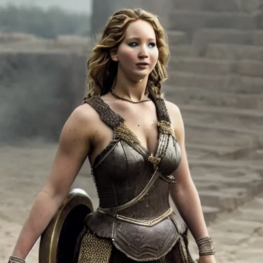 Image similar to first photos of 2 0 2 4 female 3 0 0 remake - jennifer lawrence as leonidas, put on 1 0 0 pounds of muscle, steroids, hgh, ( eos 5 ds r, iso 1 0 0, f / 8, 1 / 1 2 5, 8 4 mm, postprocessed, crisp face, facial features )
