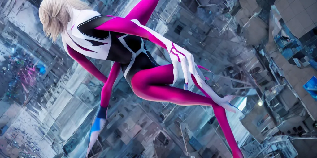 Image similar to spider gwen, real life, spotted, ultra realistic, accurate, 4 k, movie still, uhd, sharp, detailed, cinematic, render, modern