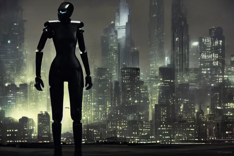 Image similar to VFX movie closeup of a gorgeous futuristic robot woman in black spandex armor in future city, hero pose, beautiful skin, city night lighting by Emmanuel Lubezki