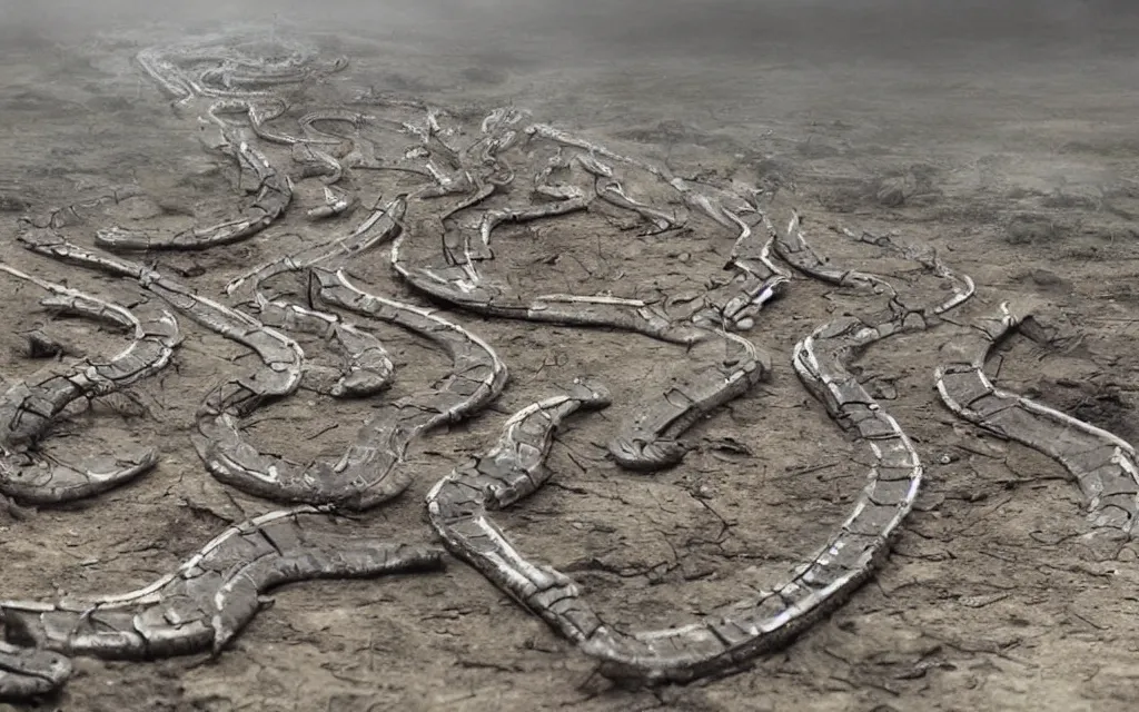 Prompt: gigantic robotic centipede travelling across a broken landscape