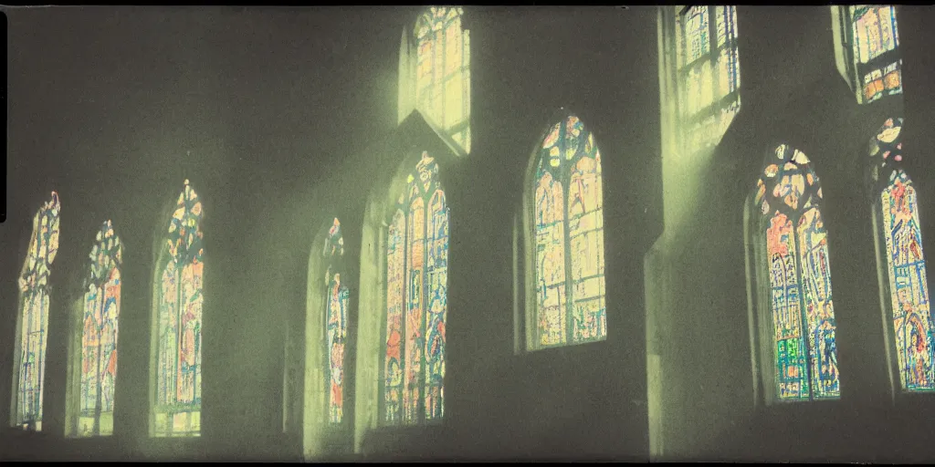 Prompt: analog polaroid of an abandoned church, light coming through stained glass windows, color bleed, lens flare