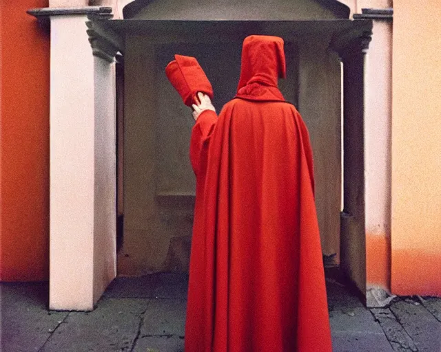 Image similar to by francis bacon, vivian maier, mystical redscale photography evocative. religious relics, priestess in red capirote