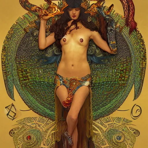 Prompt: a tarot card of quetzalcoatl, fantasy, d & d, intricate, elegant, highly detailed, digital painting, artstation, concept art, matte, sharp focus, illustration, art by john collier and albert aublet and krenz cushart and artem demura and alphonse mucha