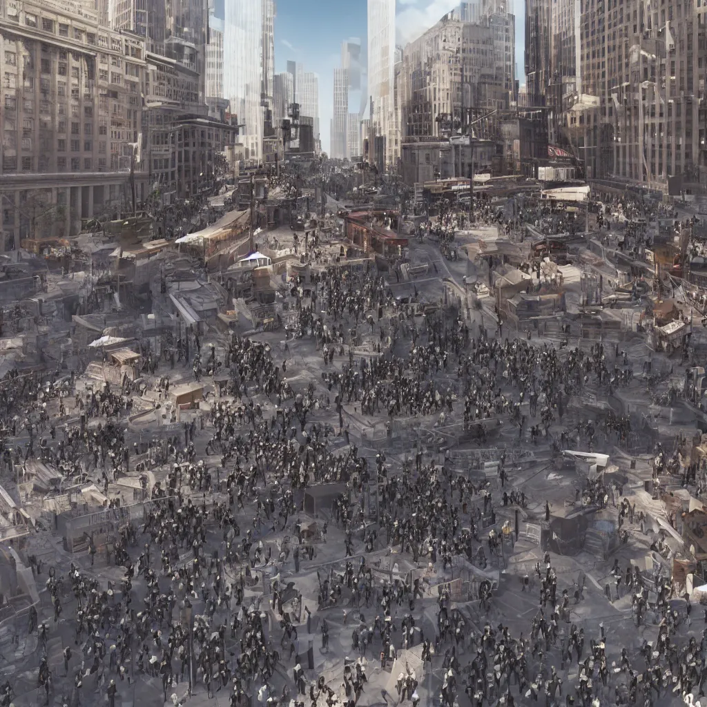 Image similar to wallstreet civil war, octane render, photo realistic, hyper realistic, 8 k resolution style of alvin schwartz