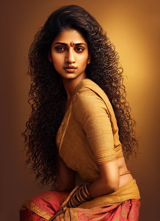 Prompt: a beautiful half body portrait, dark background, gorgeous south asian brown woman, traditional wear, professionally retouched, soft studio lighting, realistic, smooth face, gorgeous eyes, curly hair, wide angle, sharp focus on the eyes, 8 k high definition, insanely detailed, intricate, elegant, gorgeous, art by artgerm and wlop