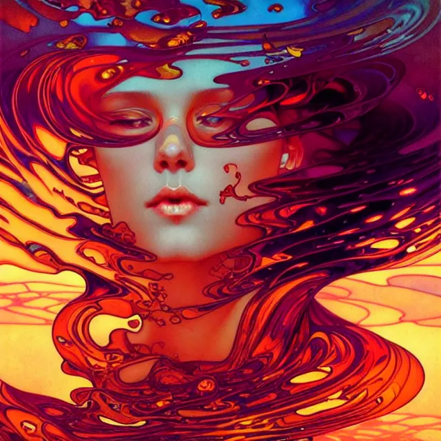 Image similar to mind bending ocean waves of glossy psychedelic liquid honey drops flowing like kaleidoscopic translucent amber, lsd waves, lsd ripples, crystal clear, backlit, sunset, refracted lighting, art by collier, albert aublet, krenz cushart, artem demura, alphonse mucha