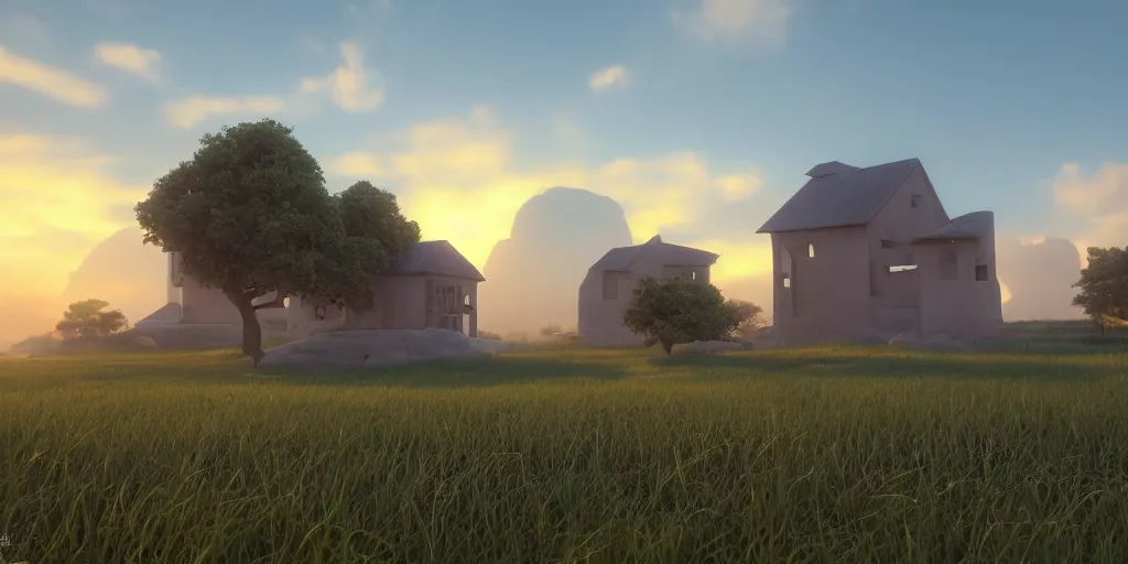 Prompt: a serene landscape with a singular building at sunrise, pixar style, octane render, unreal engine 5, path traced, highly detailed, high quality, 8 k, cartoon, high coherence, breathtaking landscape, soft lighting, godrays, complementary colors, natural lighting, trending on deviantart, concept art