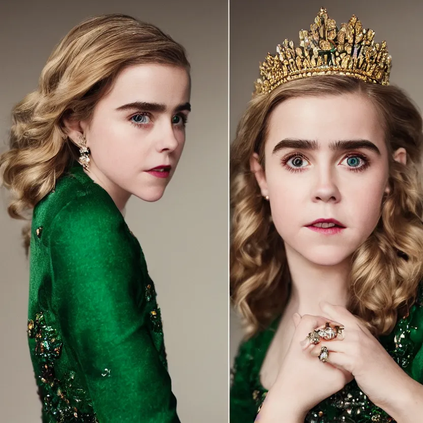 Image similar to kiernan shipka as queen, big crown adorned with emerald, diamonds, topaz and other jewellaries, sensual, beautiful soft light failling on her face, studio photography, nikon 3 5 mm portrait photography, ultra realistic