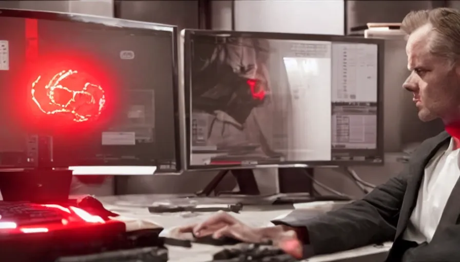 Image similar to big budget action movie about an evil scientist using a computer, a red glow is coming from the screen