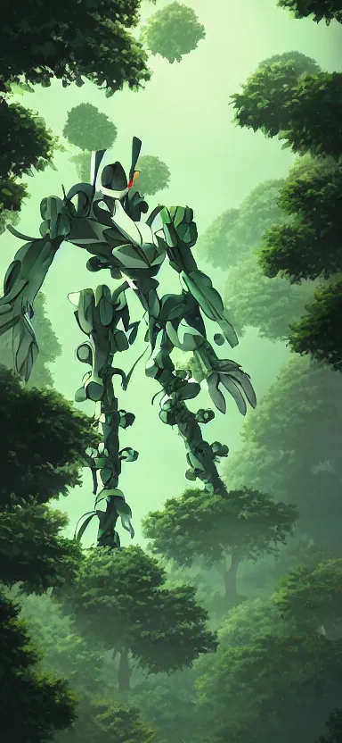 Image similar to giant humanoid plant mech, coming through treetops, forest, key art, sharp lines, towering above a small person, aesthetic, anime, trigger, shigeto koyama, hiroyuki imaishi