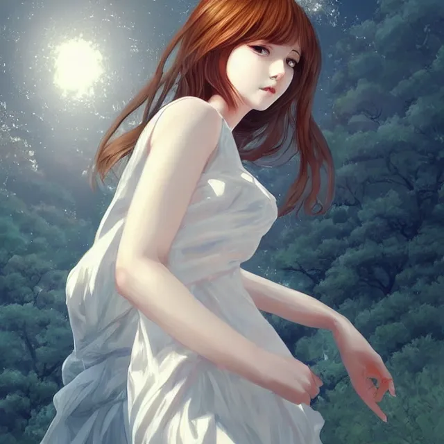 Image similar to infinitely detailed full - body portrait pale female peaceful dream angel wearing elegant clothes. beautiful! scenery art! by wlop & murata range, by ilya kuvshinov. artstation!! / pixiv!!