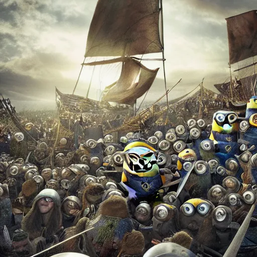 Image similar to The minions in The Vikings Digital art very detailed 4K quality Super Realistic