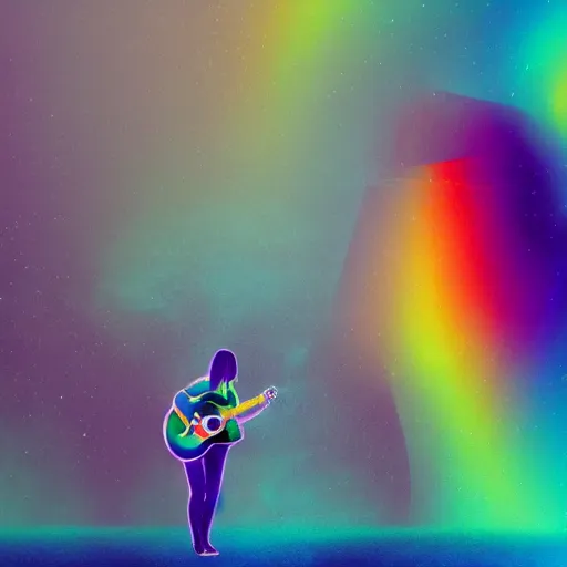 Image similar to woman with rainbow coloured hair playing guitar at the edge of reality, concept art, high quality, moody, colourful