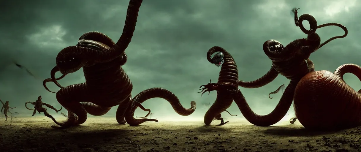 Image similar to pirates fighting giant screaming worm, cinematic atmosphere, maximized, high detail, 8k, ornate, dark fantasy, masterpiece, complex, film still from the movie directed by Denis Villeneuve