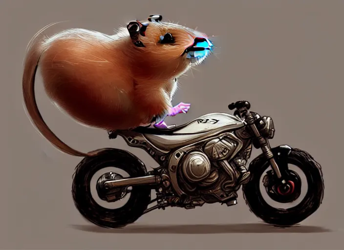 Prompt: a cute hamster riding a motorcycle, intricate, highly detailed, digital painting, artstation, concept art, sharp focus, illustration, art by greg rutkowski and Ross Tran