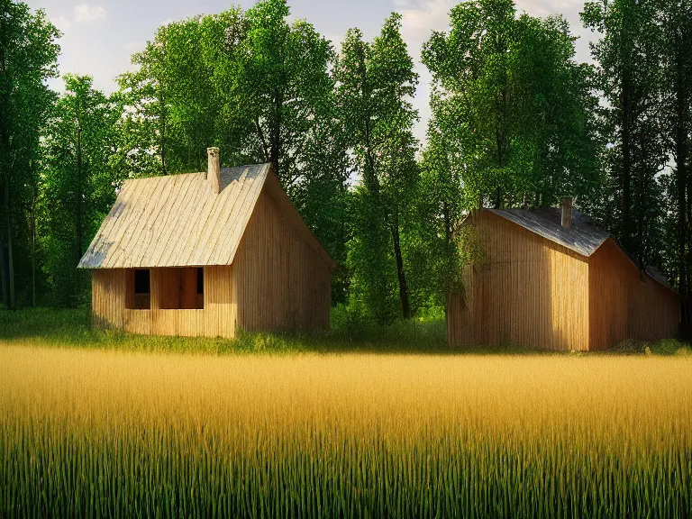 Image similar to hyperrealism photography of beautiful eco house around the forest in small ukrainian village by taras shevchenko, wheat field behind the house