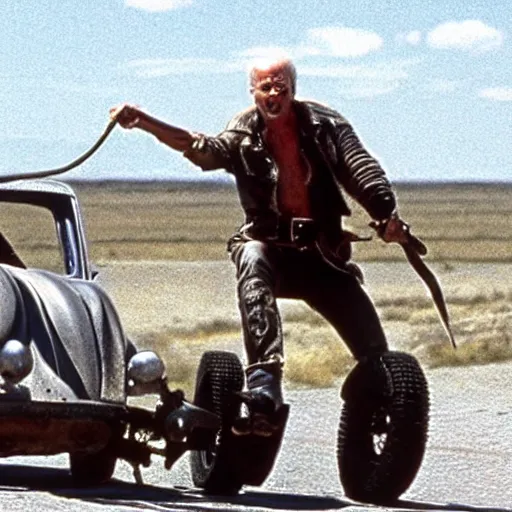 Prompt: The coolest action shot of the lead actor Joe Biden standing on a buggy whirling a leather whip - from the movie Mad Max (1988)