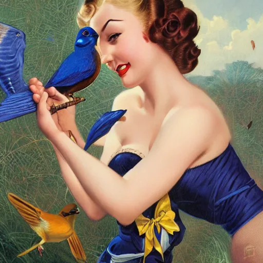 Image similar to pinup girl holding an indigo bunting, bird, the bird is wearing a bowtie, by greg rutkowski, rossdraws, gil elvgren, enoch bolles, anime, porcelain skin, very coherent