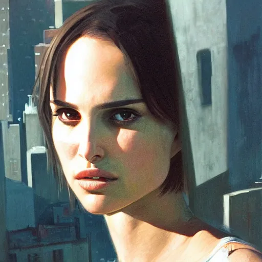 Image similar to closeup portrait of natalie portman from the movie leon the professional, matilda. hitman, city background, dramatic light, gorgeous view, depth, high detail, digital art, painted by greg rutkowski and seb mckinnon, by tim burton, trending on artstation