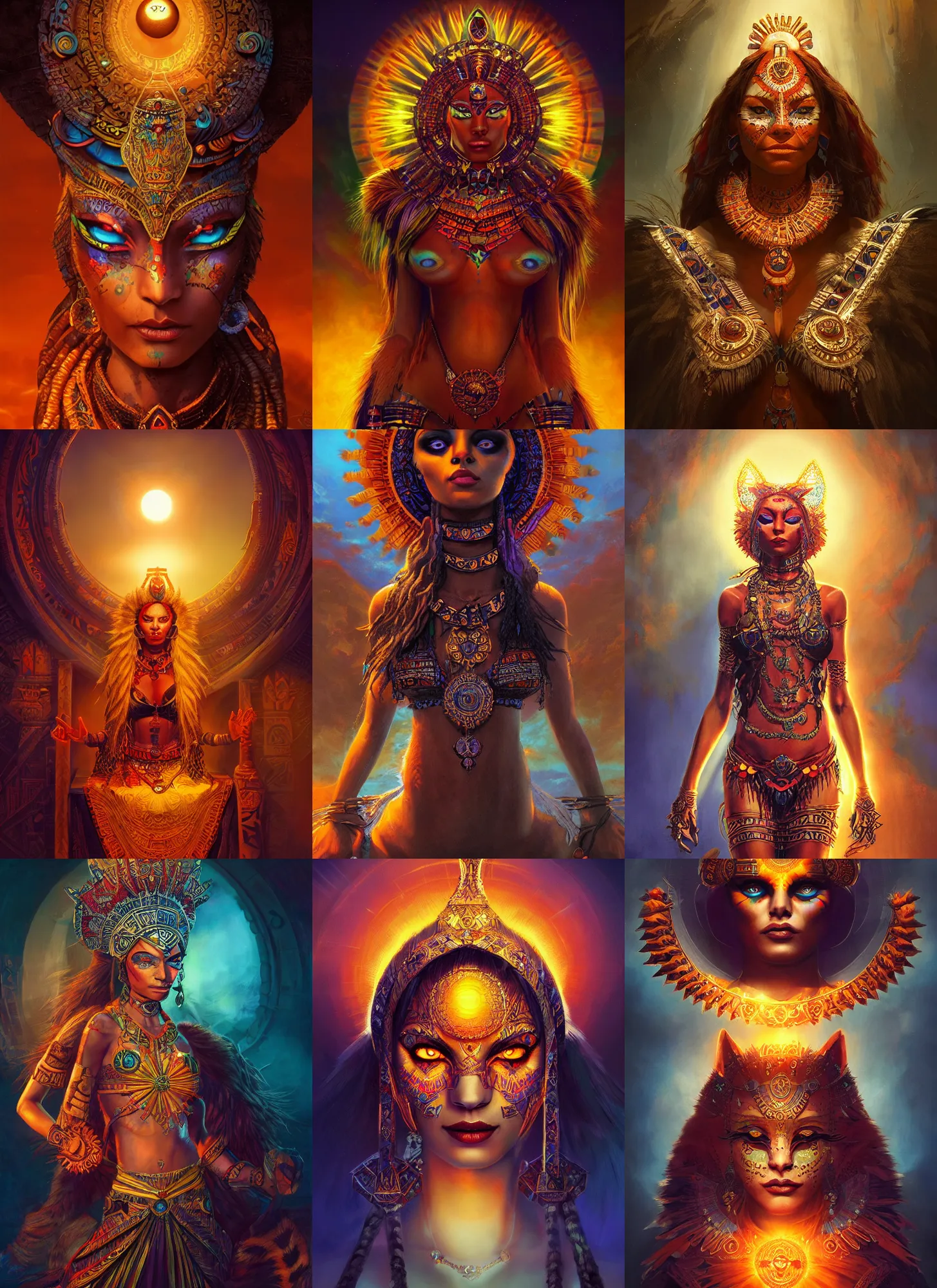 Prompt: aztec sun goddess feline, vivid colors, dark shadows, contrast, concept art, sharp focus, digital art, Hyper-realistic, 4K, Unreal Engine, Highly Detailed, Dramatic Lighting, Beautiful, by Brom, bastien lecouffe-deharme