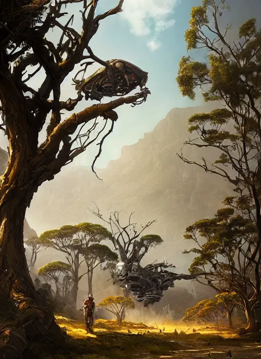 Image similar to hyper realistic robot attacking cape town city beautiful details, gnarly trees, strong composition, poster painted by greg rutkowski, concept art, arcane style, hearthstone wizards of the coast norman rockwell, james gurney and greg rutkowski weta studio, and lucasfilm and best of artstation