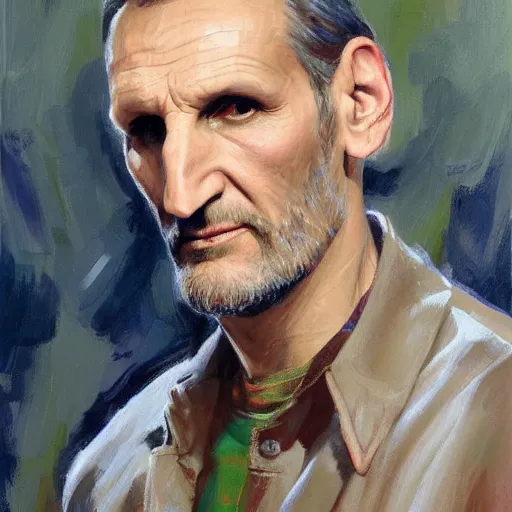 Image similar to a highly detailed beautiful portrait of christopher eccleston doctor who by gregory manchess, james gurney, james jean