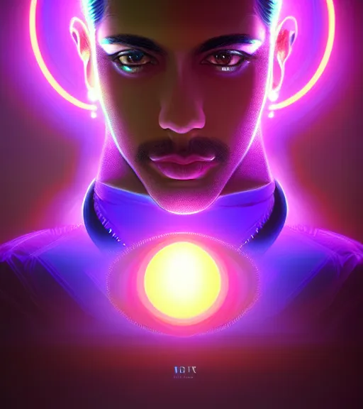 Image similar to symmetry!! indian prince of technology, solid cube of light, hard edges, product render retro - futuristic poster scifi, lasers and neon circuits, brown skin handsome indian prince, intricate, elegant, highly detailed, digital painting, artstation, concept art, smooth, sharp focus, illustration, dreamlike, art by artgerm