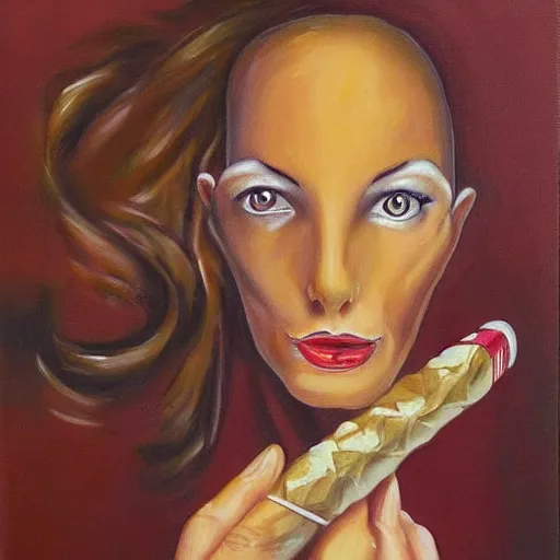 Image similar to female figure sniffing a cigar portrait painting surreal, art by Joan Selder, Surrealism