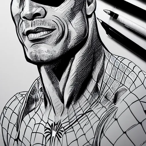 Image similar to dwayne johnson as spiderman in style of pen line drawing, very detailed