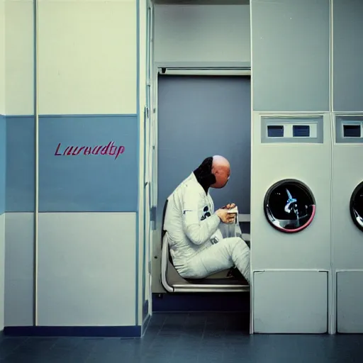 Image similar to a beautiful photo of an astronaut waiting in a laundromat, 1970', soft light, morning light, photorealistic, realistic, octane, 8k, cinematic shot