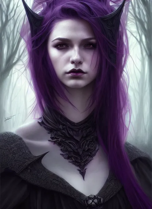 Prompt: frontal portrait dark witch, adventurer outfit large cloak, fantasy forest landscape, dragon scales, fantasy magic, undercut hairstyle, witch purple black fade hair, dark light night, intricate, elegant, sharp focus, illustration, highly detailed, digital painting, concept art, matte, art by wlop and artgerm and greg rutkowski and alphonse mucha, masterpiece