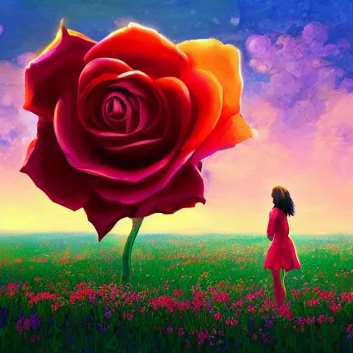 Image similar to giant rose flower as a head, full body girl sitting in a flower field, surreal photography, sunrise, dramatic light, impressionist painting, colorful clouds, digital painting, artstation, simon stalenhag