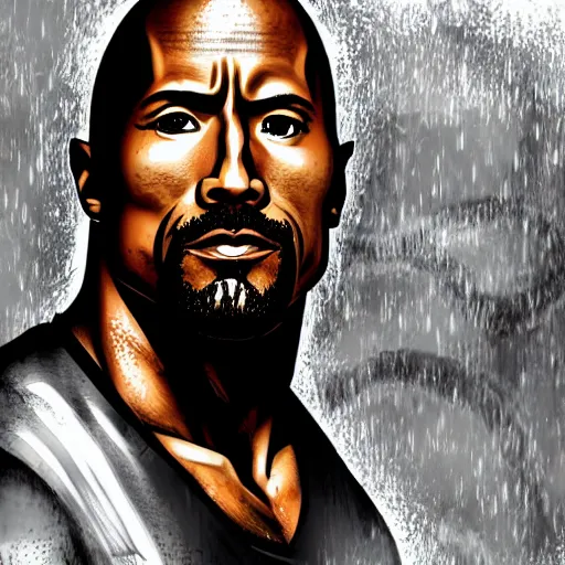 Image similar to A portrait of Dwayne Johnson, in the style of modern anime, city, rain